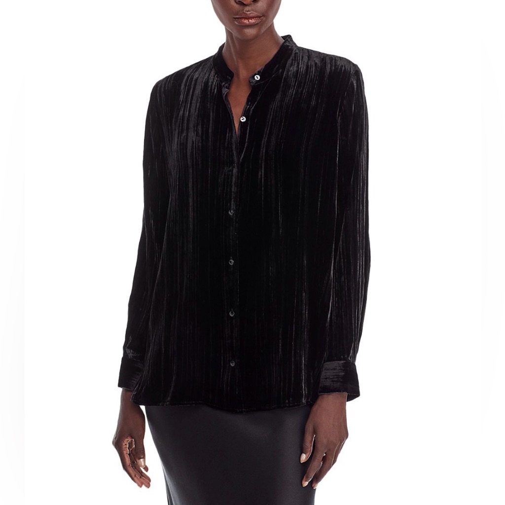 Eileen Fisher Crushed Velvet Mandarin Collar Button Shirt Black Xxs New